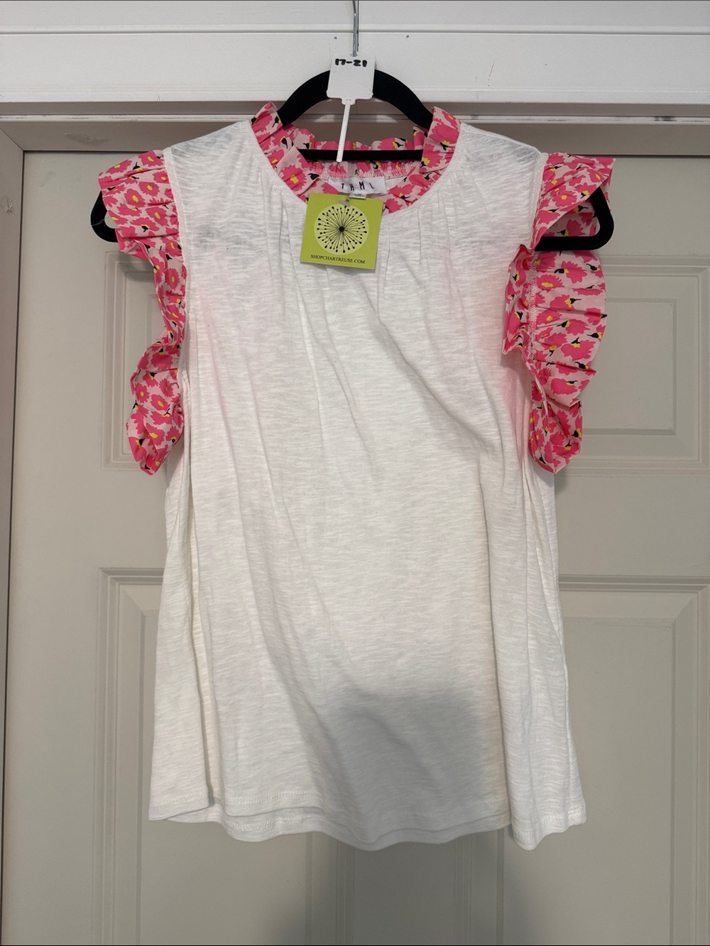 THML White Tank with Pink Floral Ruffle Sleeves